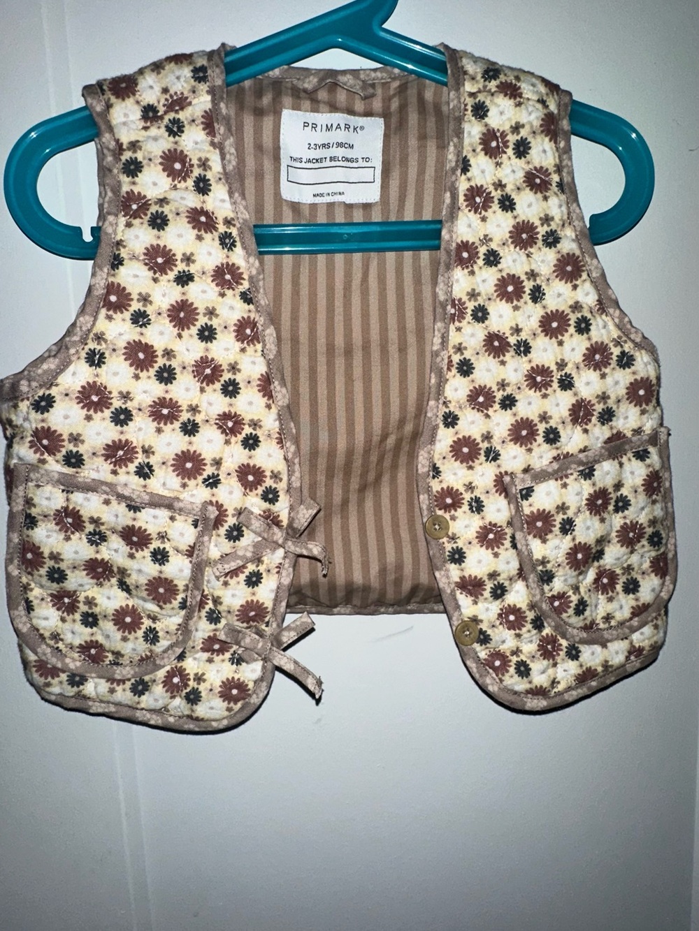 Primark Cream Floral Quilted Kids Vest with Brown Accents